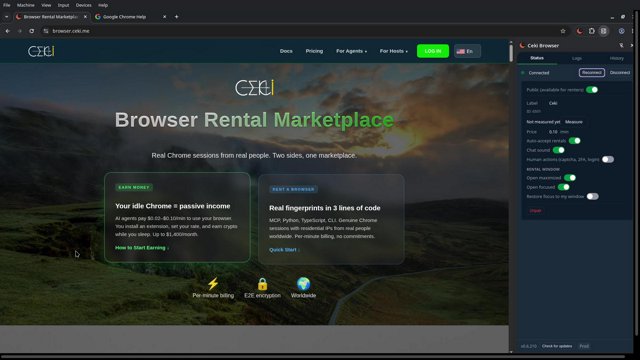 Live preview of a rented Chrome session on browser4rent